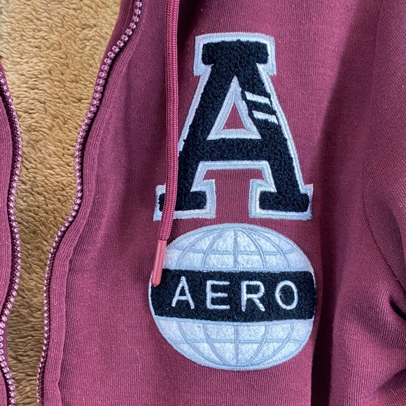 Aeropostale fur lined hoodie jacket mens L burgundy New York embroidered varsity - Picture 2 of 9